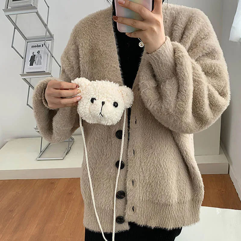 Bolso de hombro de felpa de oso lindo para niños, bolsos de mensajero de dibujos animados, monederos de felpa kawaii, mochila de animales de peluche para niñas pequeñas