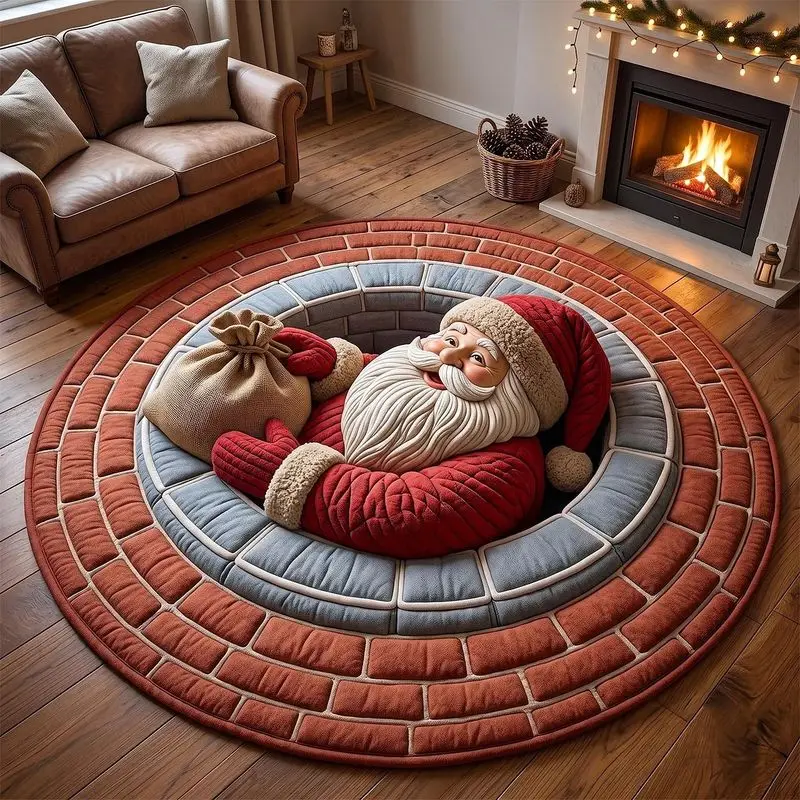 VIKAMA Christmas Santa Round Rug Red Brick Ring Pattern Festive Living Room Floor Carpet Cozy Winter Holiday Home Decor Gift