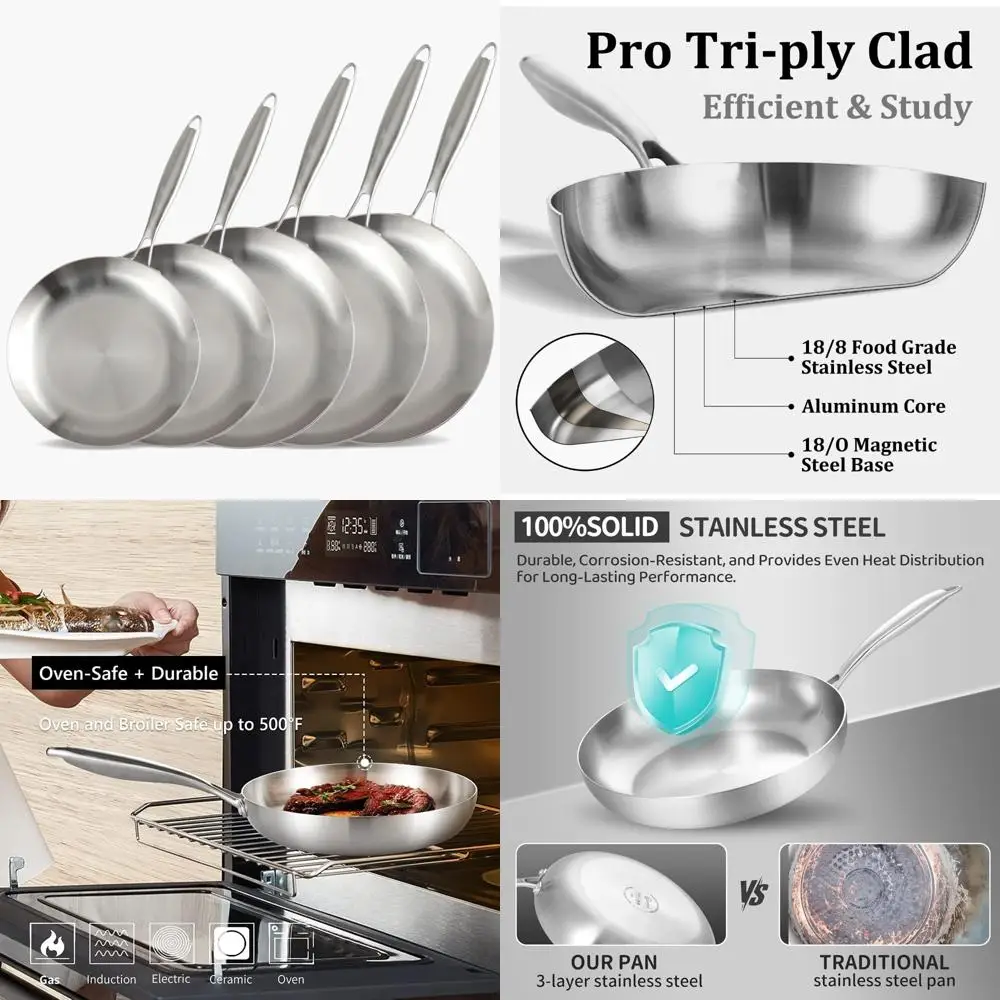 

Tri-Ply Stainless Steel Frying Pan Set, 8-12 Inch Skillets, Chef's Induction Cookware, Dishwasher Safe, Cooking Utensils for All