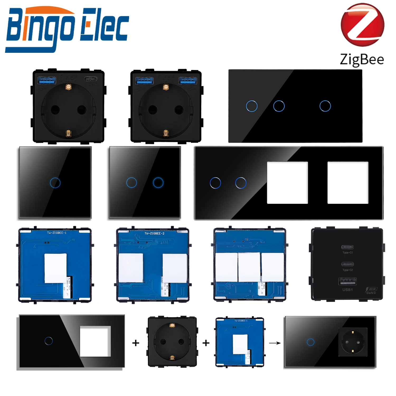 

BINGOELEC 1/2/3 Gang Smart Zigbee Switch EU Wall Socket Touch Glass Panel Smart Plug Module Home Automation DIY Customizable