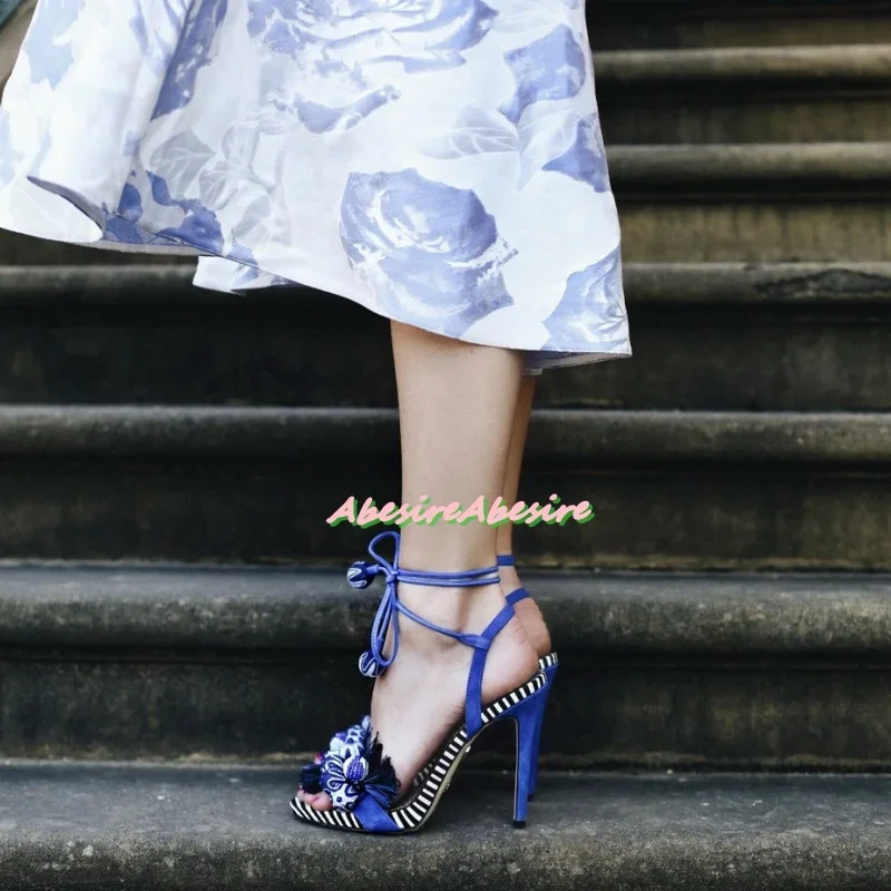 

Women'S Blue Multi-Pompom High Heels Open Toe Stiletto Cross Strap Elegant Sandals Summer New Suede Tassel Formal Shoes Ladies