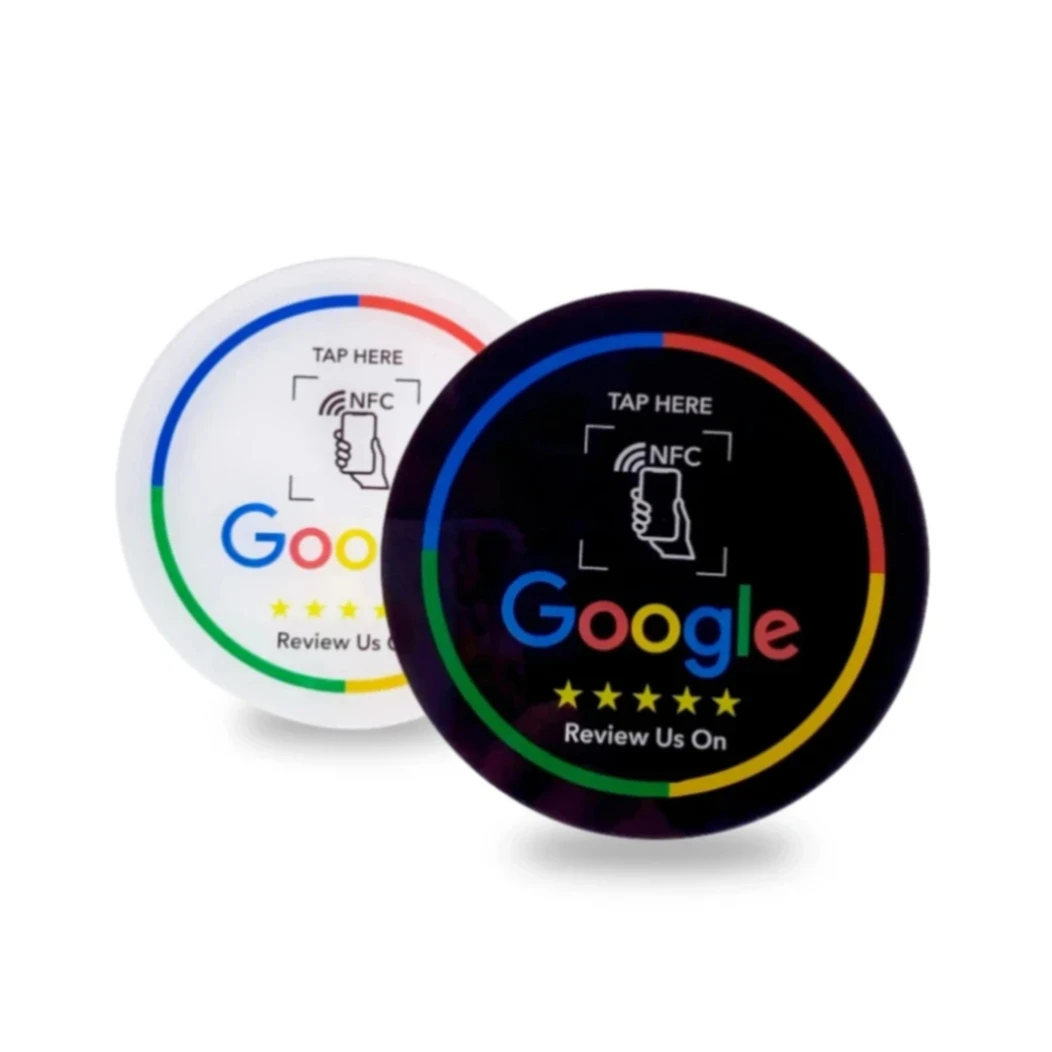 

100pcs Diameter 10CM Google Reviews NFC Table Sticker Signage NFC NTAG 215 213 13.56MHz Acrylic with Self-adhesive Backing