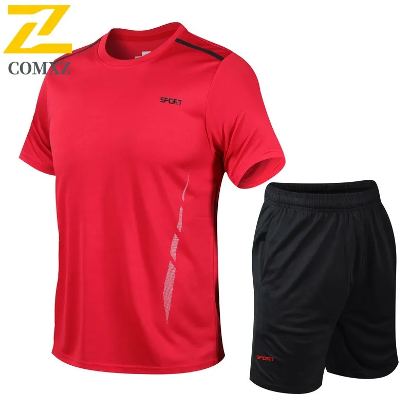 

COMXZ Men Solid Color Sports Set Quick-Dry T-Shirt Shorts Gym Running Outfit Summer Breathable Loose Fit Minimalist Sportswear