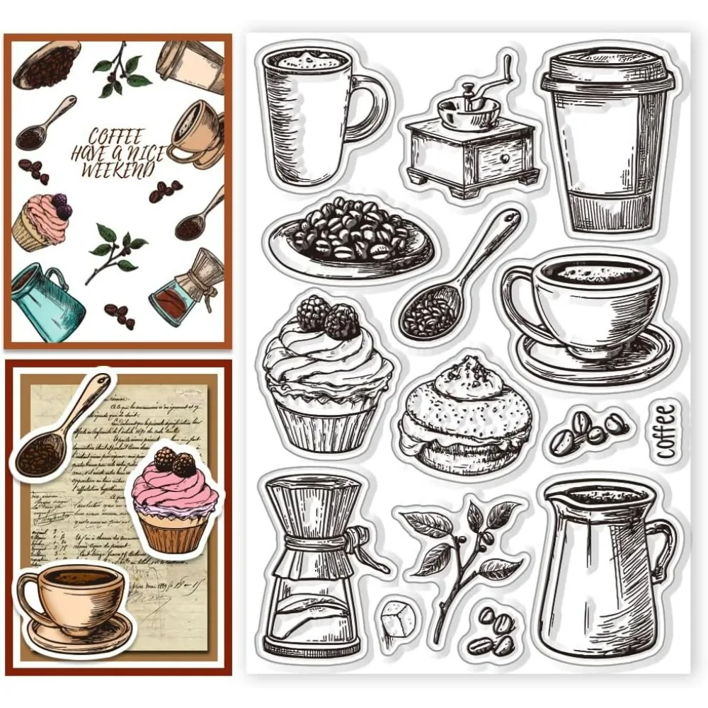 Transparente Stempel für Desserts und Kaffee, Silikon-Siegelstempel, Kaffeetassenrahmen, Kuchen, transparenter Stempel zum Basteln, Stempel, Karten für Karten