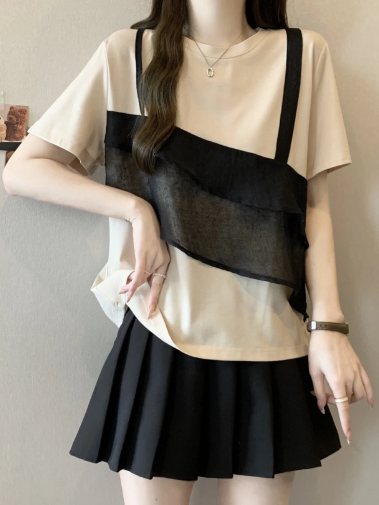 

Fashionable Short Sleeve T-Shirt Women's Summer Large Size Base Shirt Stylish Trendy Fake Two-Piece Top Shoulder Design round...