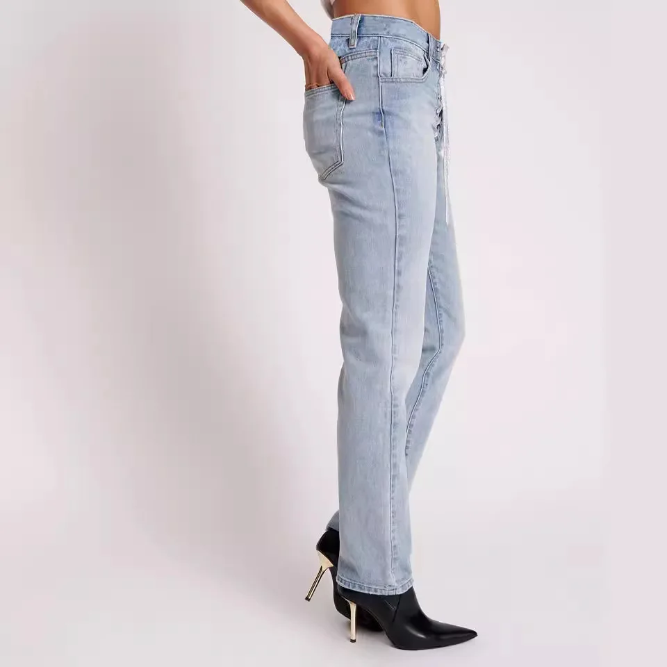 Jeans de cintura alta apertada dos homens, Corda apertada, Esticar os pés, Hip Lift, Jeans lavado, Novo, 2024