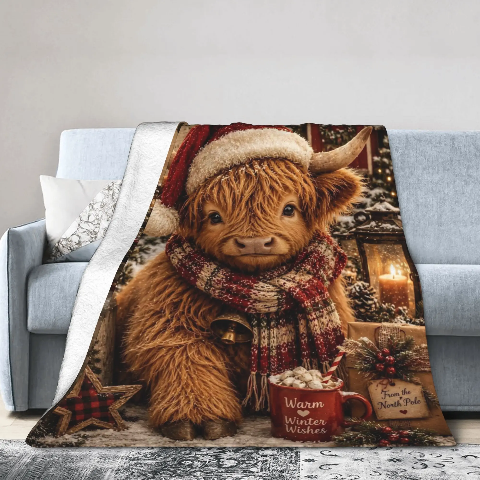 Christmas Highland Cow Blankets Fleece Spring Autumn  Multi-function Ultra-Soft Throw Blanket for Home Office Plush Thin Quilt