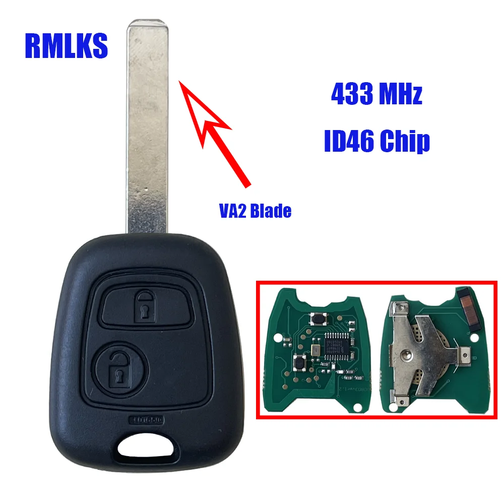 

433MHZ With PCF7961 Chip Remote Car Key Control Keyless For Peugeot 307 Citroen C1 C3 VA2 Blade 2 Button