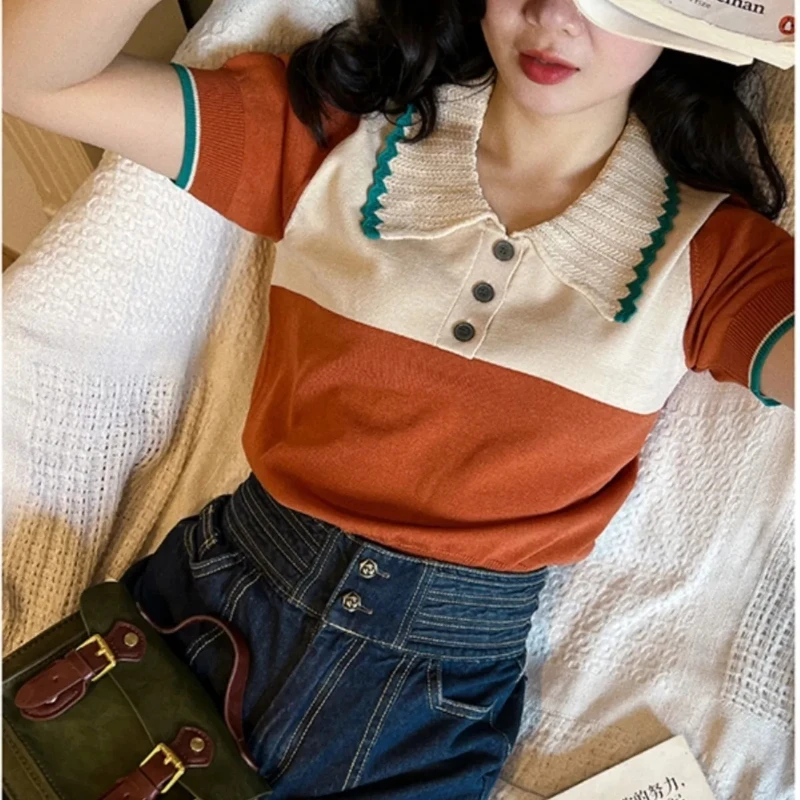 

Vintage Contrast Color Striped Knitted Tops Women 2025 Summer Lapel Slim Cropped Sweater Korean Fashion Casual Pullover