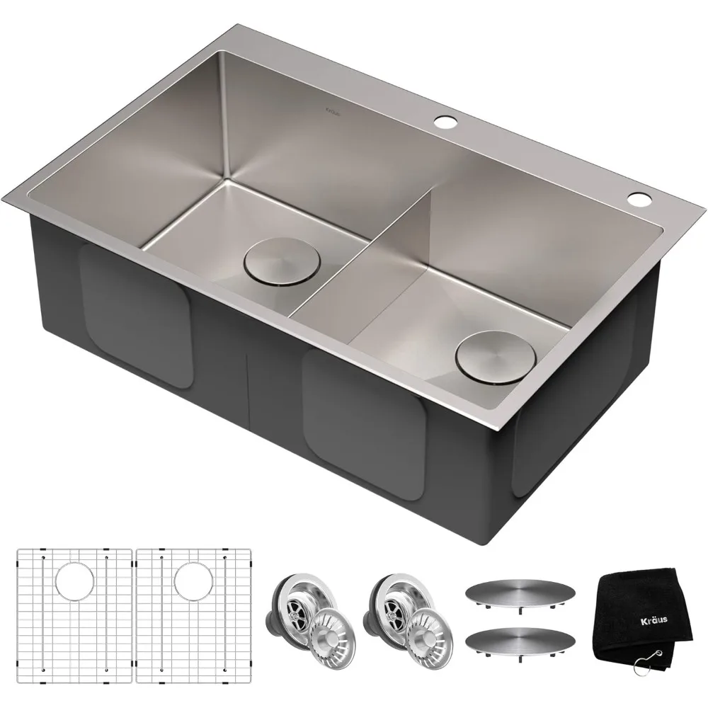 33-inch Drop In/Undermount 16 Gauge Double Bowl 2-Hole Stainless Steel Kitchen Sink Sinks Multifunction Fixture Home Improvement