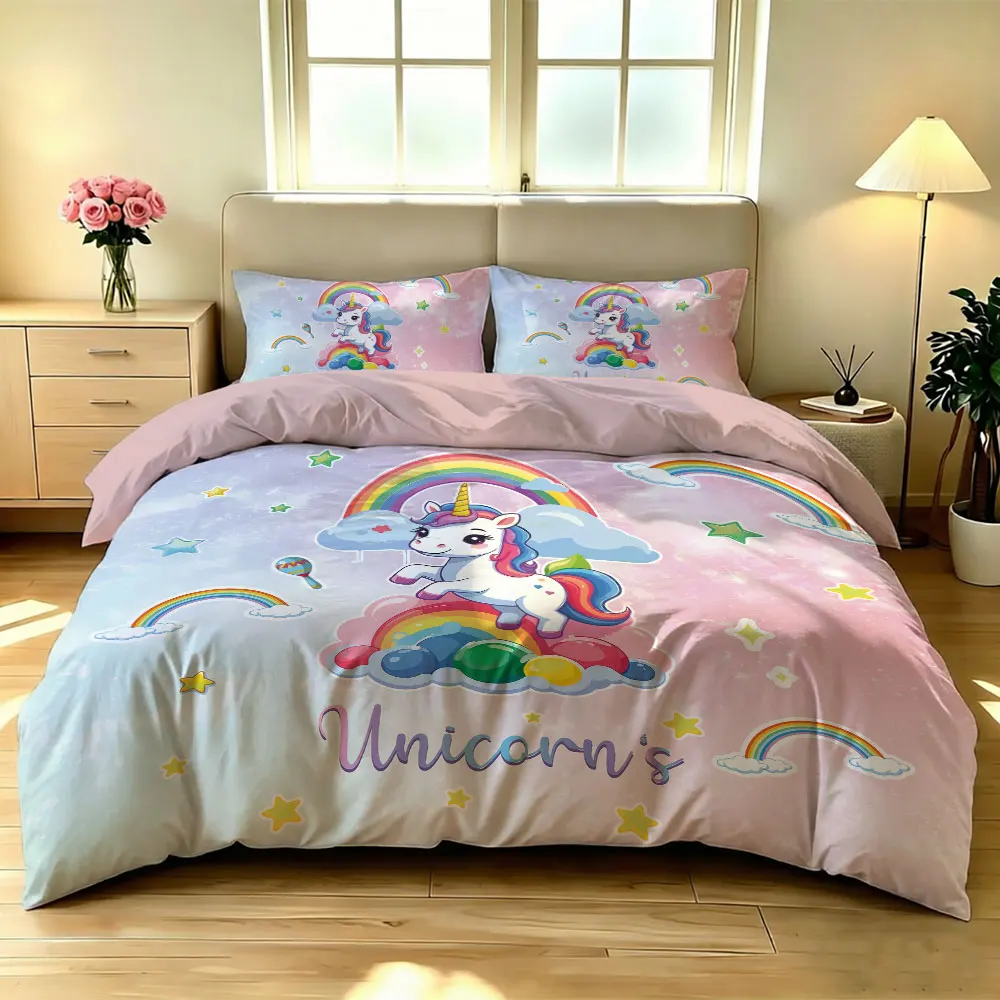 3pcs Rainbow Unicorn Star Bedding digital print Set, including 1 bedding cover and 2 pillowcases (without inserts)