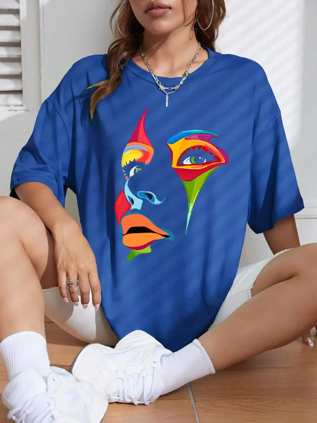 Plus Size Fashion Loose Women Cartoon Printed T-shirt Oversized Tops Street Casual Sports Loose Slightly Stretch Comfort Tops