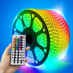 Rgb smd 5050 levou tira de luz 220v, com 44 key/controle do telefone móvel, fita flexível, fita de diodo impermeável, eu plug