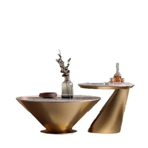 

Rock slab coffee table combination Household living room Stainless steel round coffee table combination