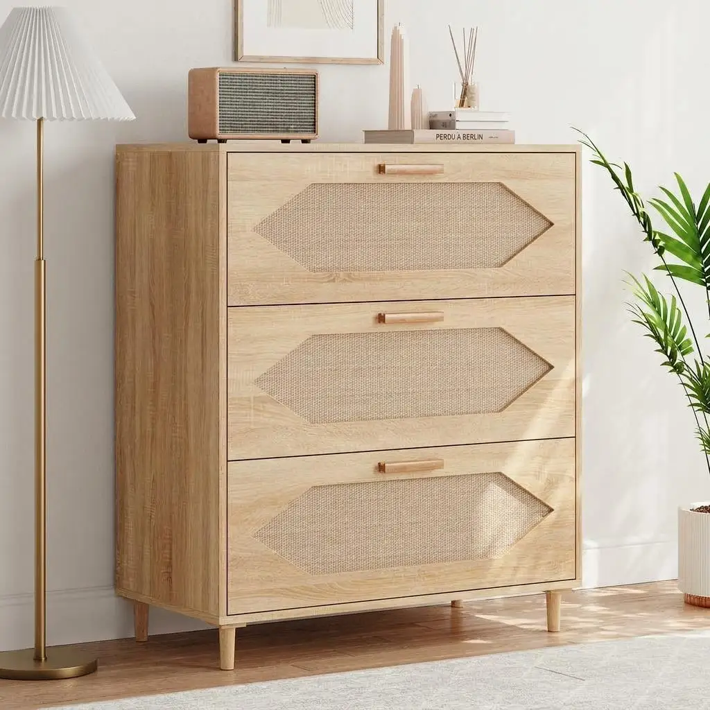 3 Drawer Rattan Dresser, Wooden Chest of Drawers, Boho Farmhouse Storage Dresser Cabinet for Bedroom Living Room