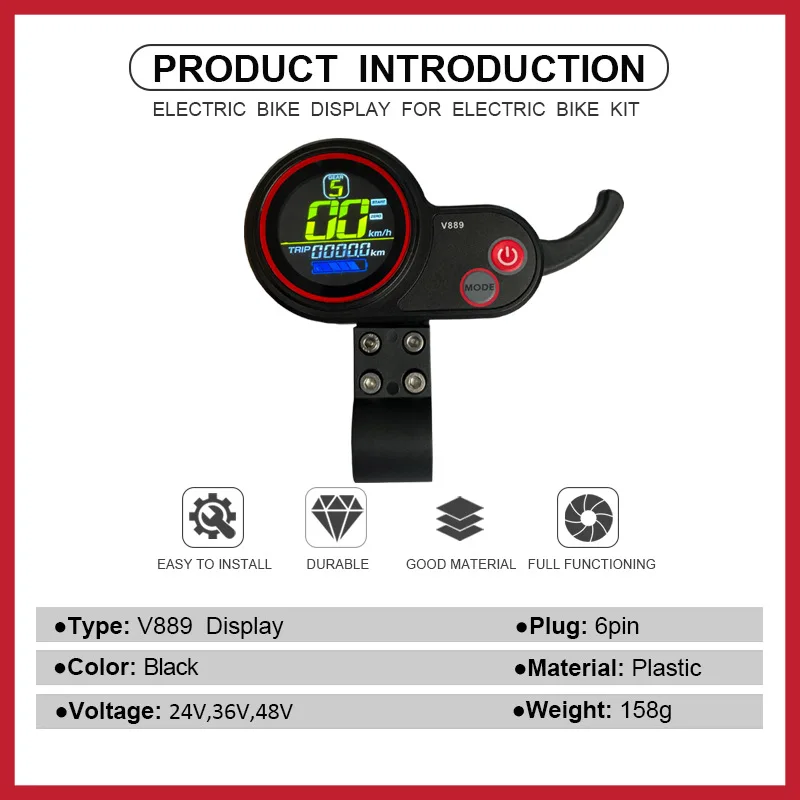 Electric bicycle display panel V889 with Thumb Throttle Display Computer SM Plug Suitable for 24V/36V e-Bike refit Accessory