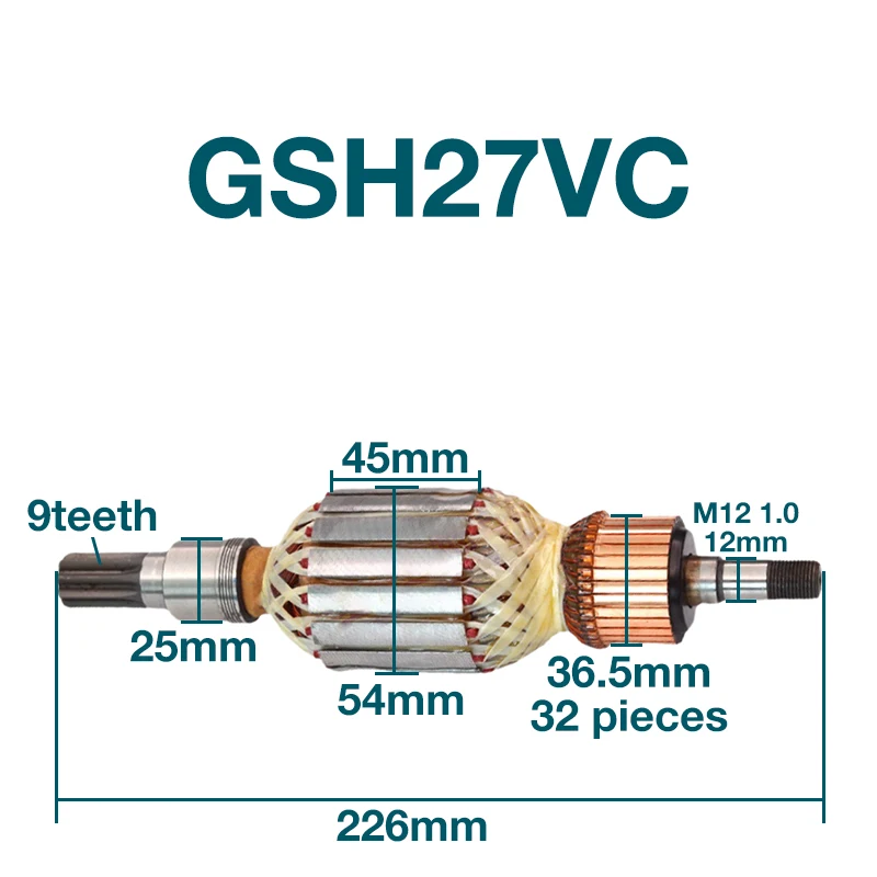 GSH27VC Electric Pick Armature for Bosch GSH27VC Heavy Duty 27kg Electric Pick 9teeth Armature Rotor Anchor Replacement Parts