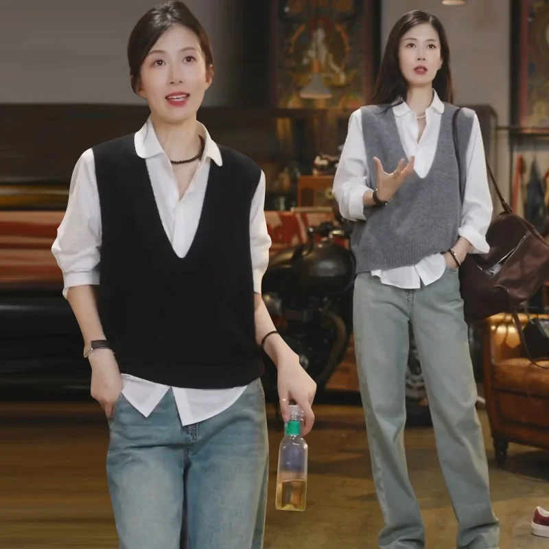 

Женский вязаный жилет на осень-зиму, модный европейский стиль, V-образный вырез, для повседневной носки, цветной, производство Китай