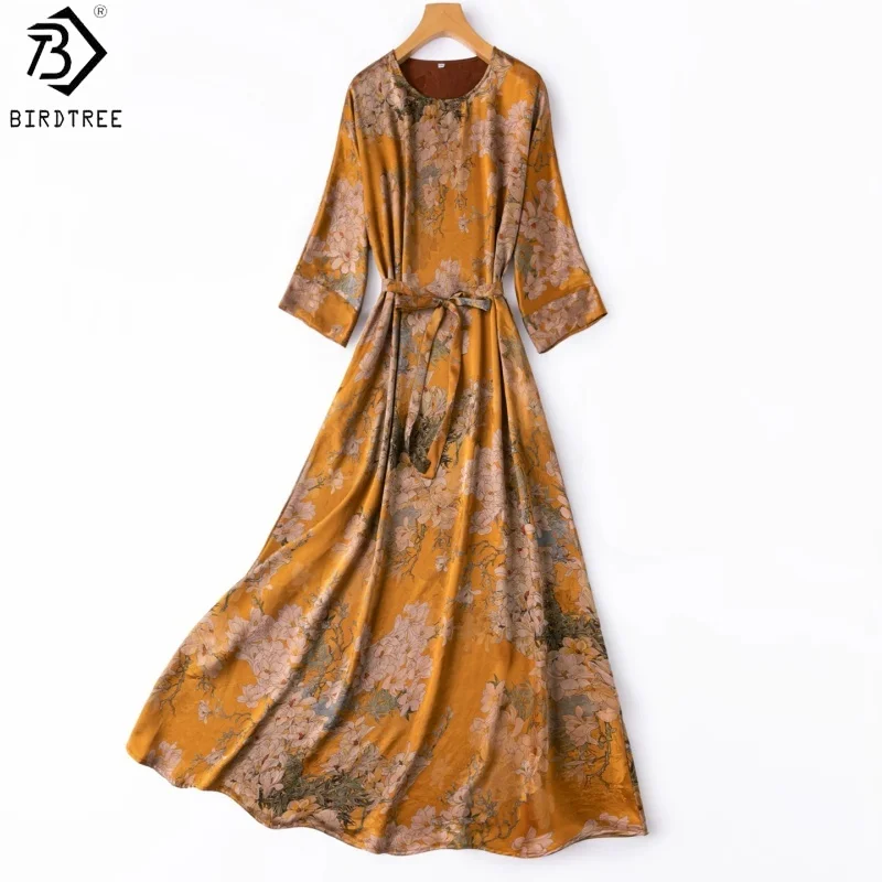 

BirdTree, 100% Real Silk Jacquard Dress, Batwing Sleeve, Women Floral Luo Xiangyunsha Sash Dresses, 2026 Summer New D65004JF