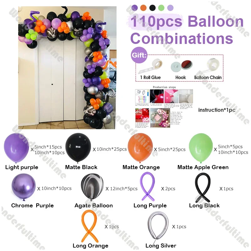 110pcs Halloween Balloon Garland Kit Purple Green Black Globos Gender Reveal Birthday Fall Baby Shower Haunted House Party Decor