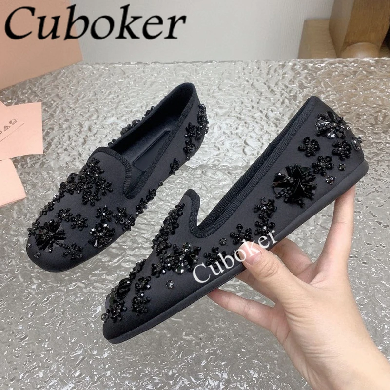 2024 Spring Crystal Flower Satin Ballet Flat Shoes Women Round Toe Slip-on Lazy Loafers Casual Walking Mules Shoes Zapatos Mujer