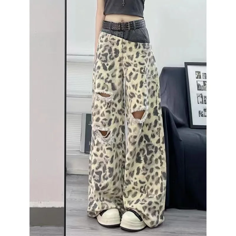

Streetwear Vintage Leopard Camouflage Jeans Y2K Mens Womens Hip Hop Letter Patchwork Embroidery Baggy Jeans High Waist Trousers