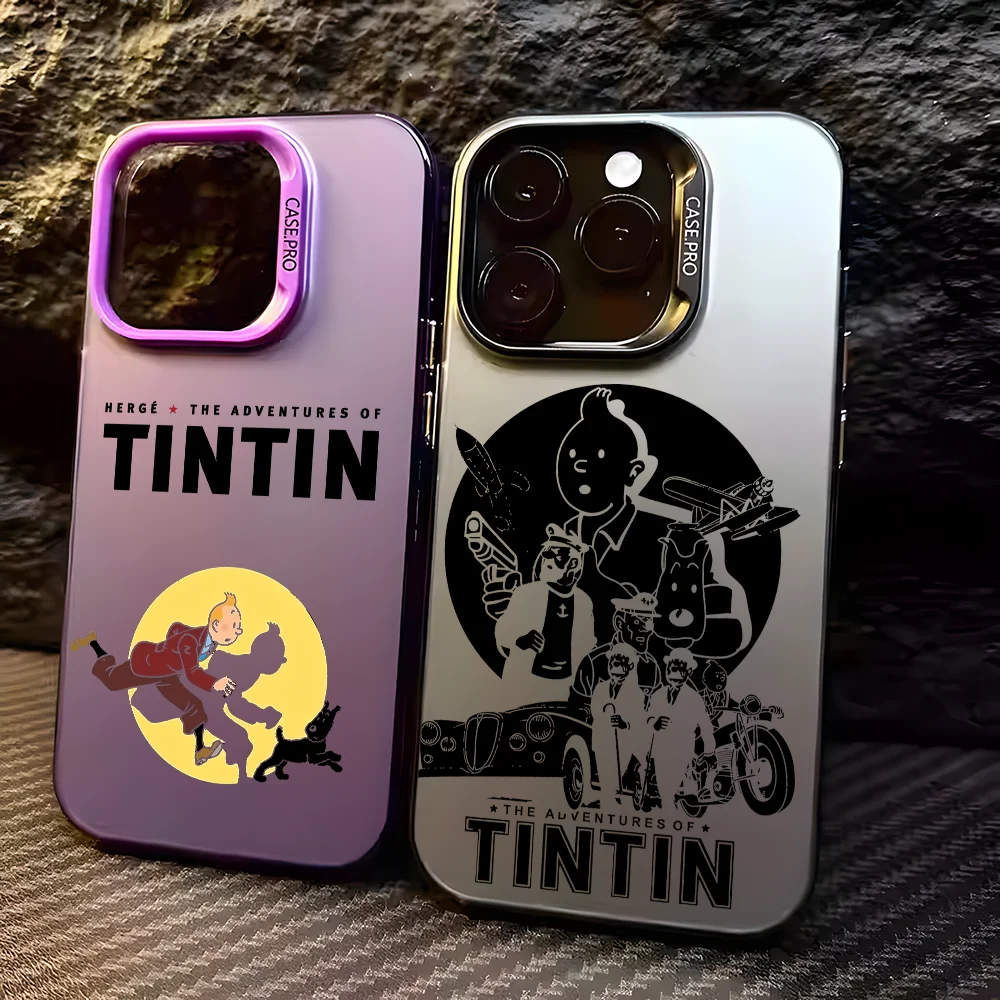 

Cartoon T-Tin-Tins Cute Phone Case For IPhone 16 15 14 13 12 11 Pro Max Black Matte Multicolor Laser Metallic Aurora Funda