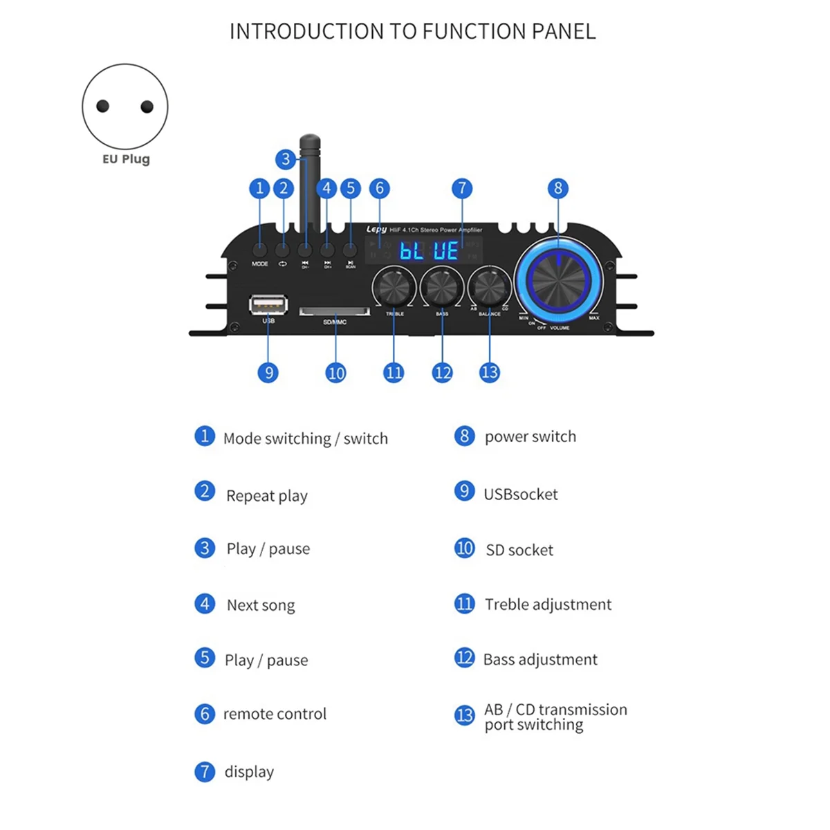Lepy LP-269 PRO 4.1 Channel Bluetooth Amplifiers for Home Car Theater Coaxial in USB SD FM Function Subwoofer EU Plug