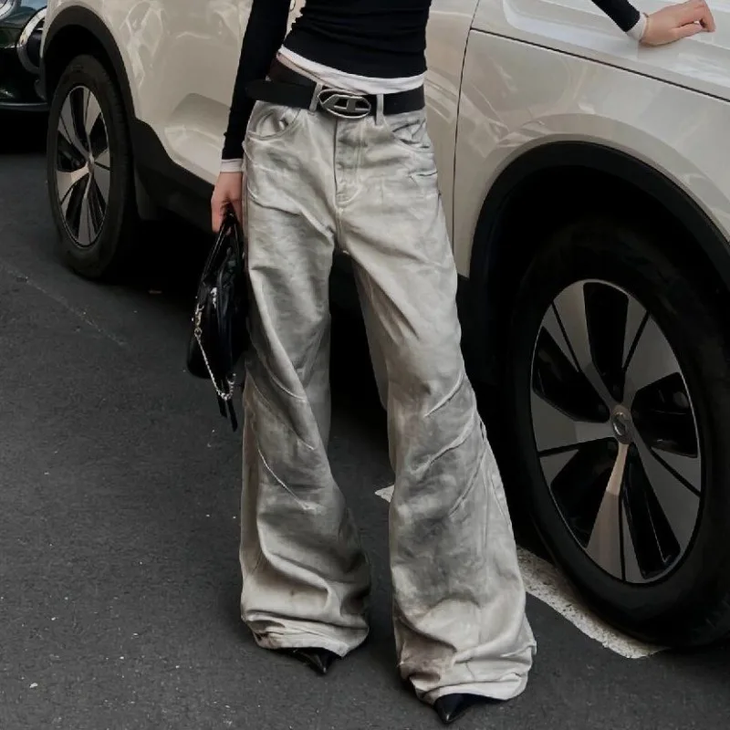 

Low Waist Women Grey Jeans Summer Hip-hop Style Fashion Vintage Streetwear Y2K Wide Leg Graffiti Trouser Baggy Denim Pants