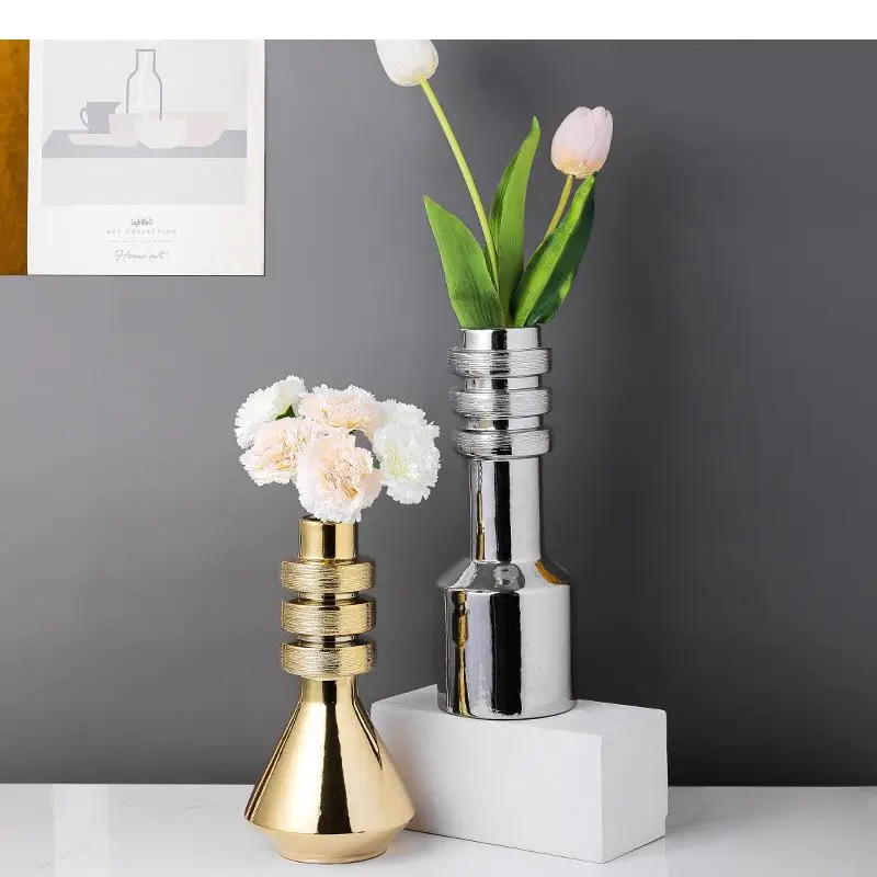 Electroplating Ceramic Vases Golden/Silver Plant Pots Decorative Flower Arrangement Thread Shape Flowers Vase Home Decor Modern