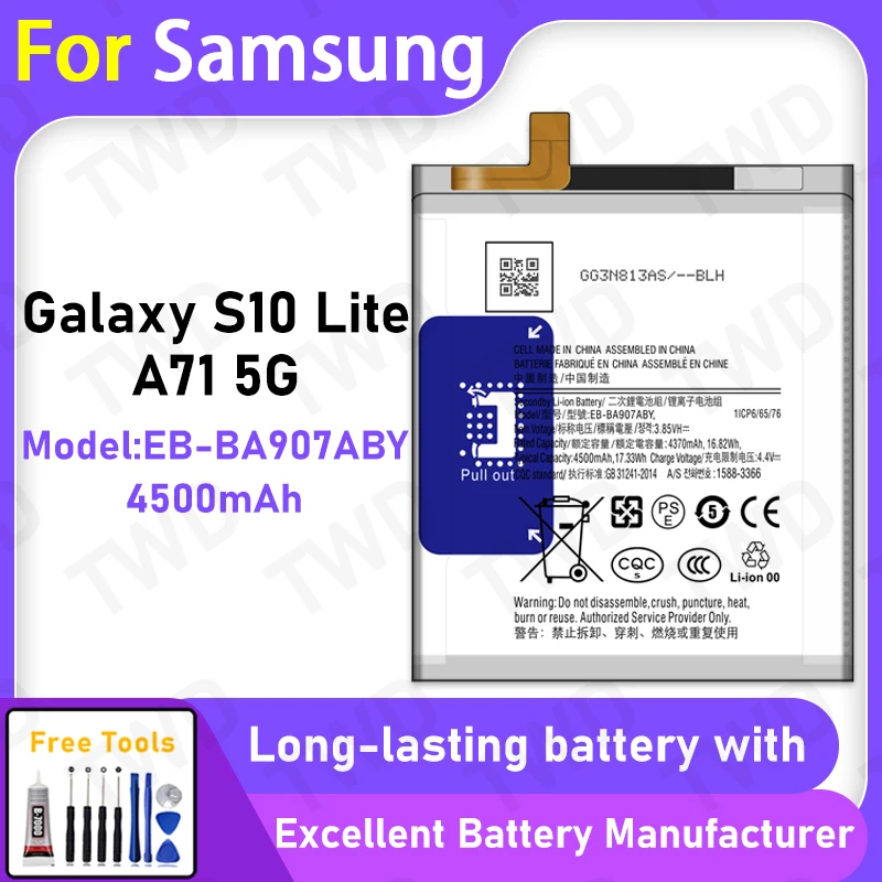 100% New 4500mAh EB-BA907ABY Battery For Samsung Galaxy S10 Lite/A71 5G Battery Replacement Bateria+Free Tools