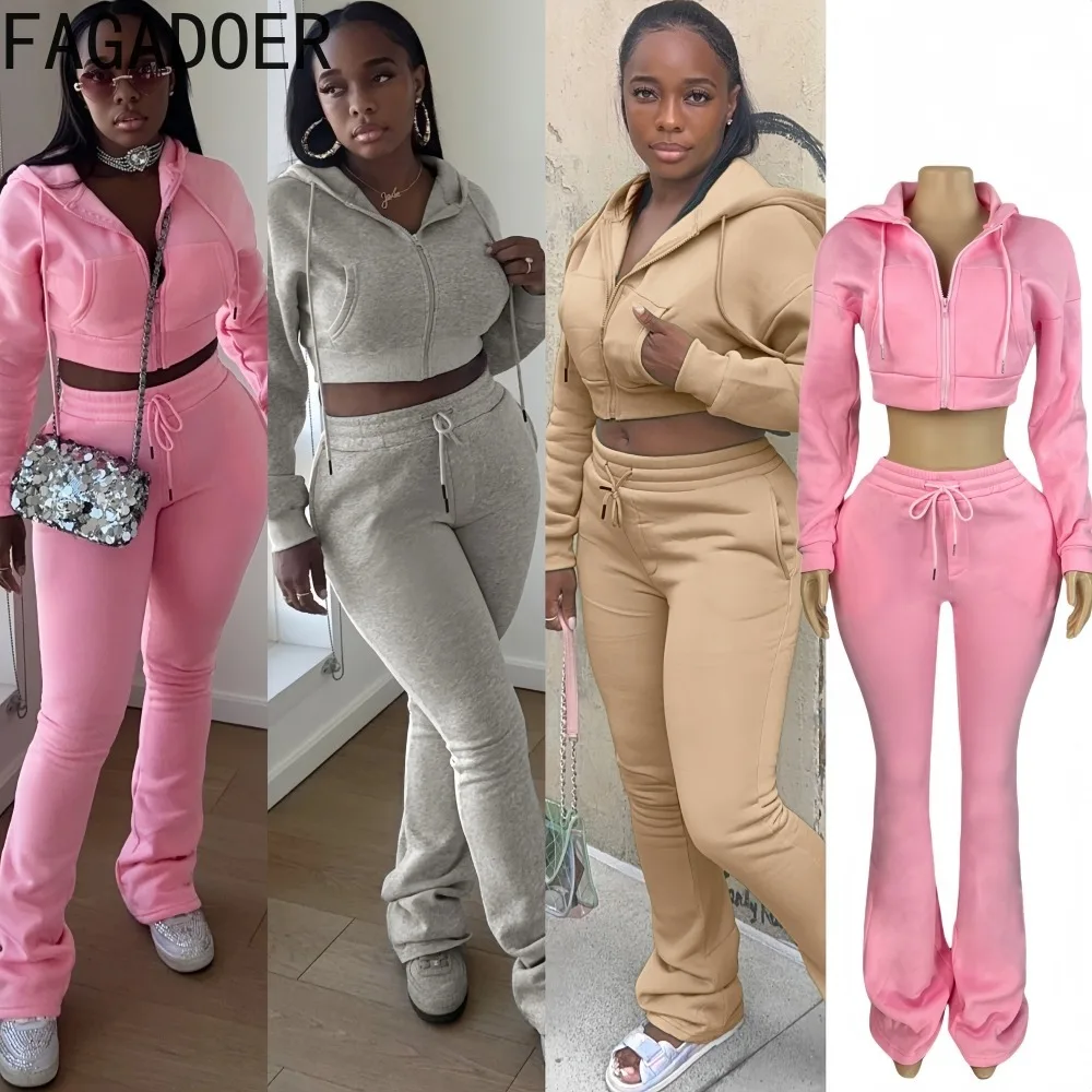 

FAGADOER Fashion Two Piece Outfits Woman Solid Pocket Drawstring Patchwork Crop Top and Stacked Flared Pants Female Tracksuit