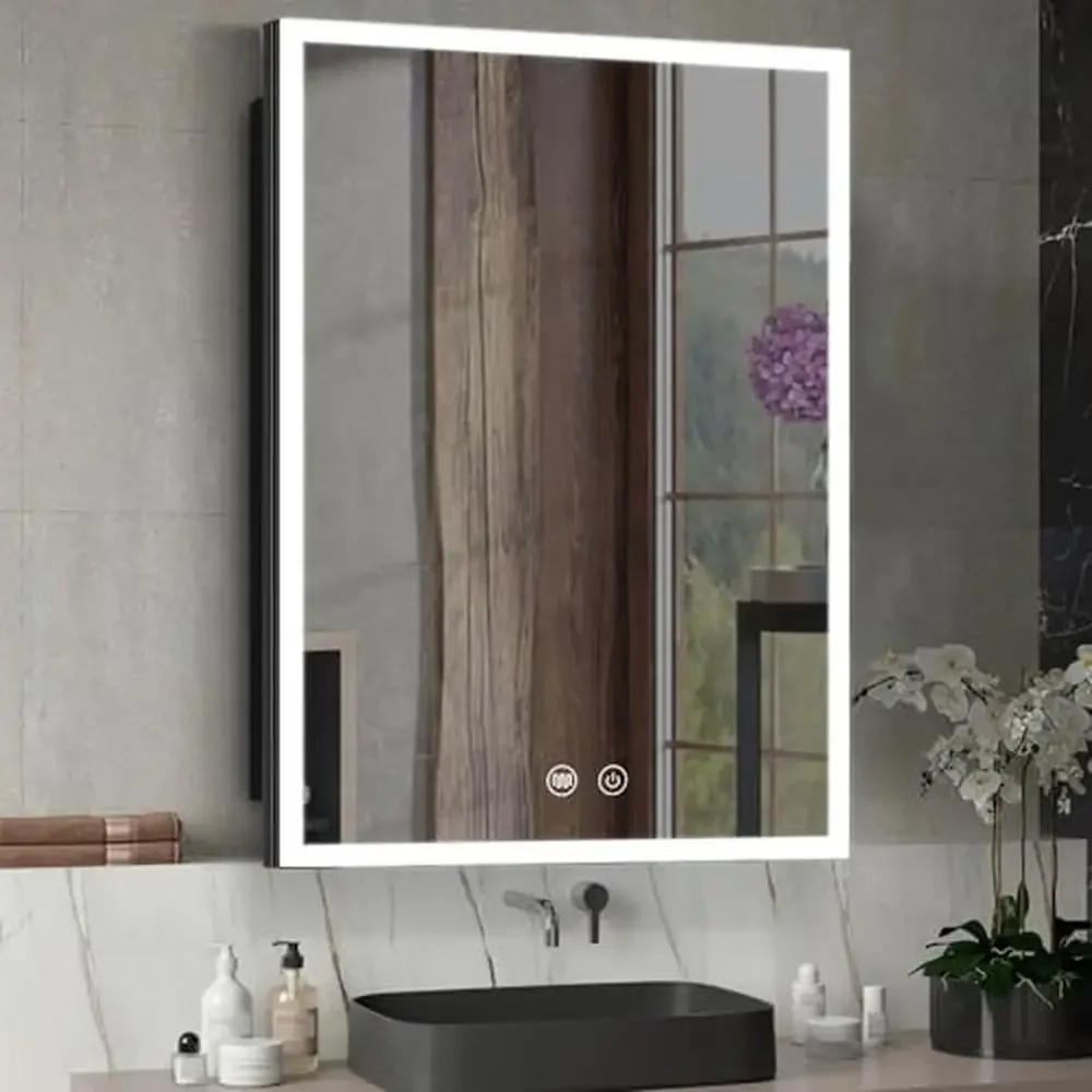 LED Bathroom Mirror Cabinet 24x36 inch 3 Color Dimmable Demister Soft Close Hinge Alloy Steel Rectangular Illuminated Adjustable