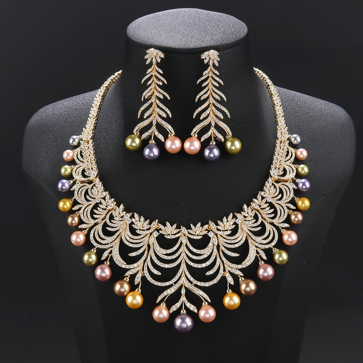 

Luxury Colors Pearl Necklace Earring Set White Cubic Zirconia Wedding Bridal Party Jewelry Sets For Women CN11594