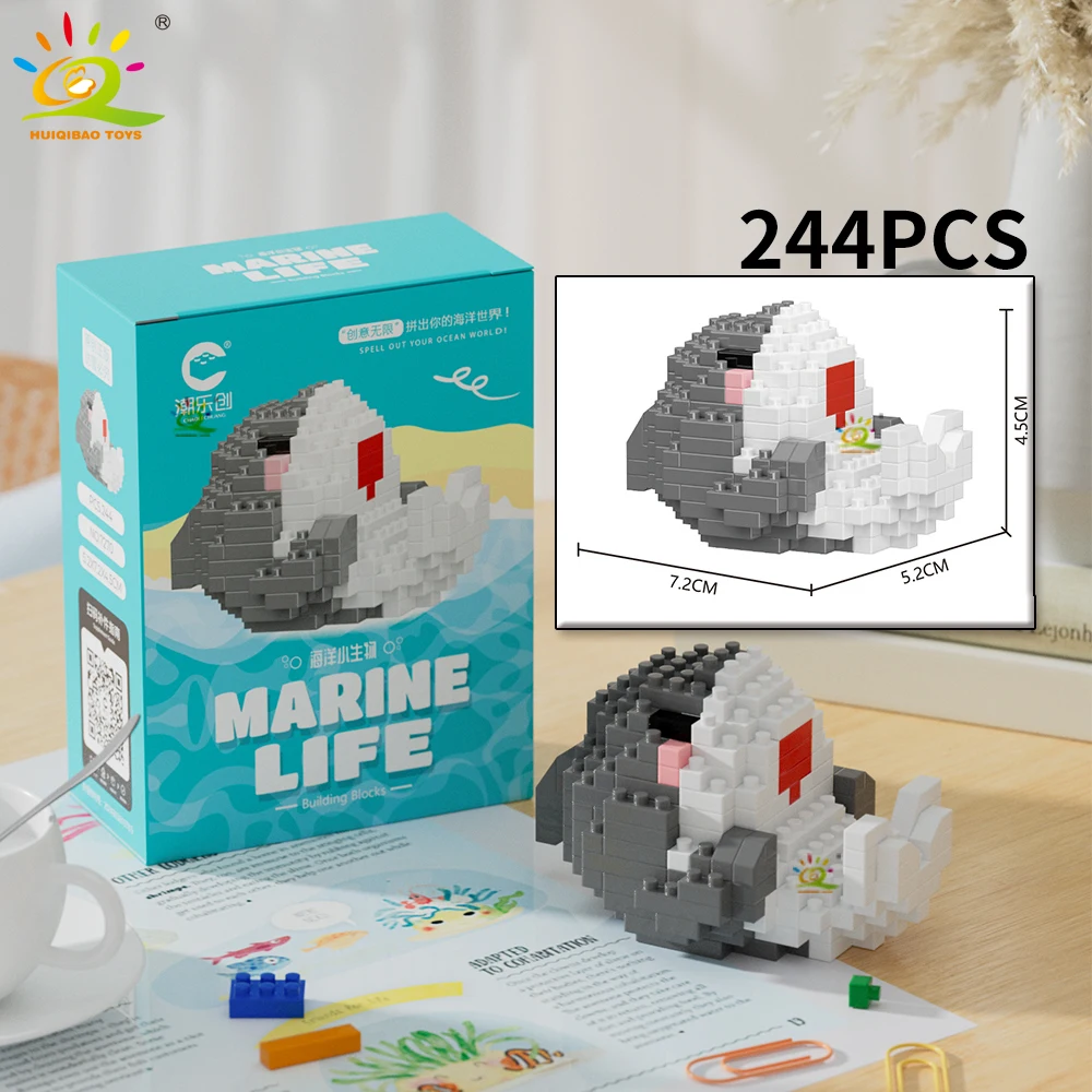 HUIQIBAO Mini Cute Shark Turtle Crab Sealife Animal Micro Building Block 3D Diamond Model Brick DIY City Toys for Children Kids