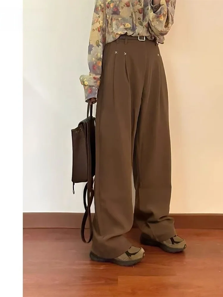 

Retro Pure Color Suit Pants Loose Casual Straight Leg Drapey Long Trousers Men Women College Sle Spring Summer