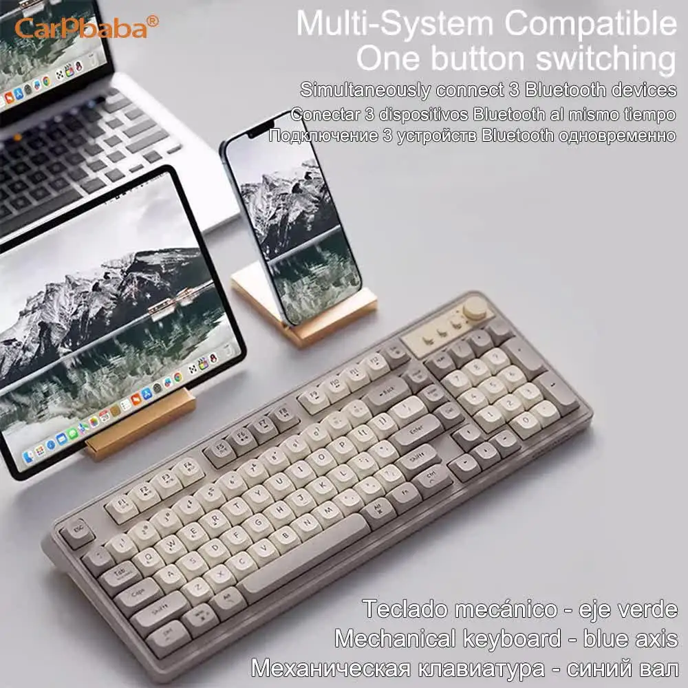 Carpbaba V98 Mechanical Keyboard 2.4G Bluetooth wired Keyboard Combos 104 Keys Mute Rechargeable Mechanical Feel Gaming Keyboard