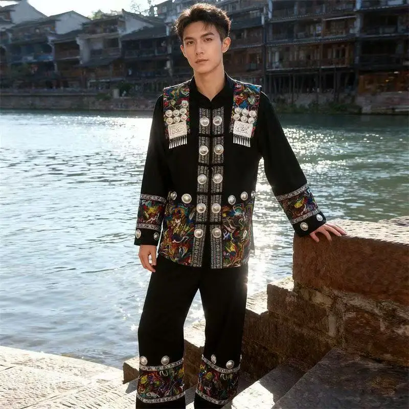National Style Men's Hmong Costume Traditional Ethnic Minority Miao Clothing Wedding Bridegroom Photography Outfits Male