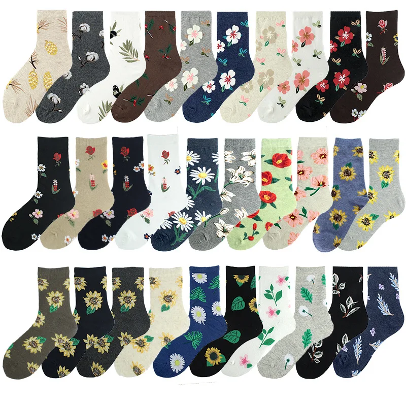 Men\'s and women\'s socks Japanese and Korean style cartoon flowers Harajuku Kawaii animal owl penguin cow tube socks