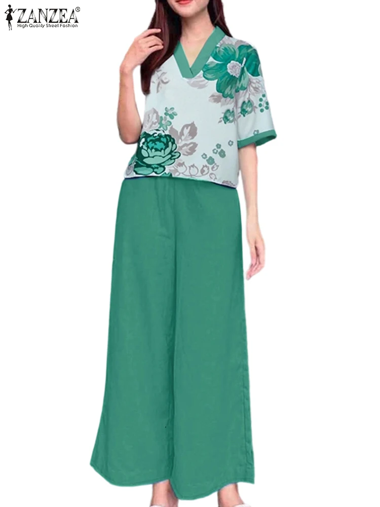 

ZANZEA Casual Woman Pant Sets Summer Solid Wide Leg Pants Floral Print V-Neck Half Sleeve Blouse Two Piece Outfits 2 Pieces Sets