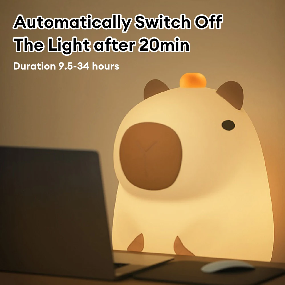 LED Capybara Night Light Cute Silicone USB Rechargeable Animal Lamp Touch Sensor Nightlight Children Kid Bedside Bedroom Decor