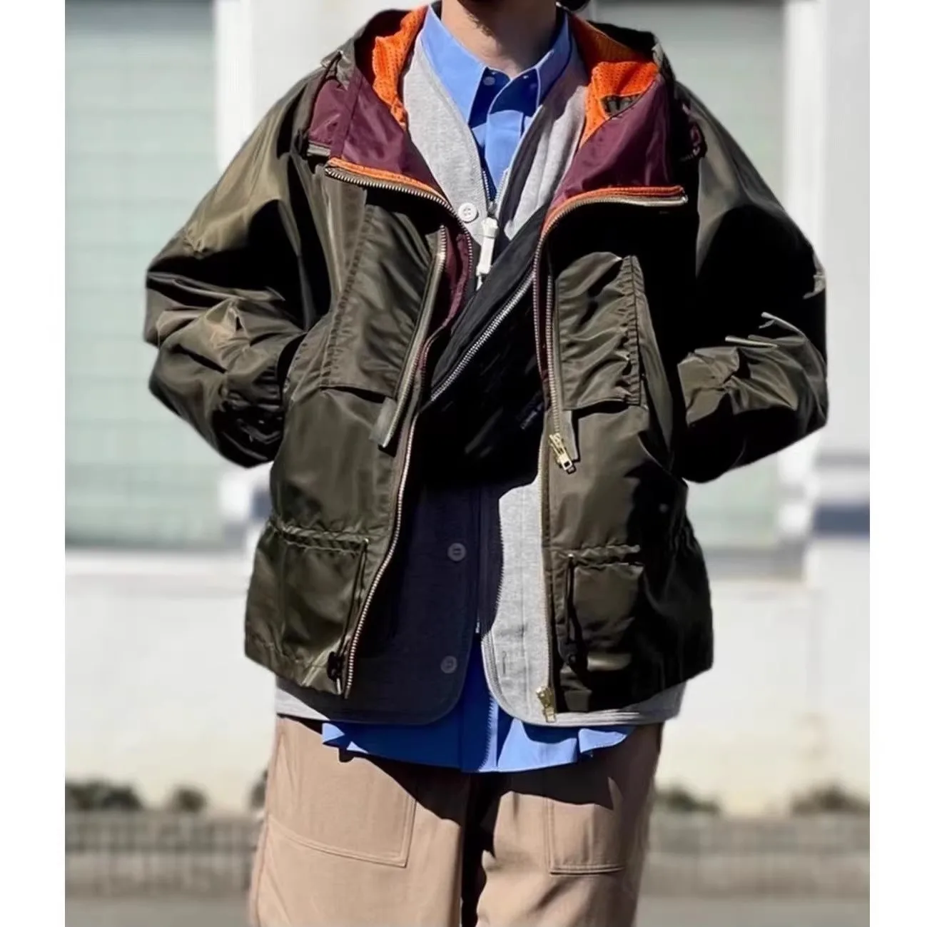 اليابان 23SS كولور آبي تشغيل لونين نايلون مقاوم للماء سحاب مزدوج فضفاض معطف مقنع كم طويل هوديي #3