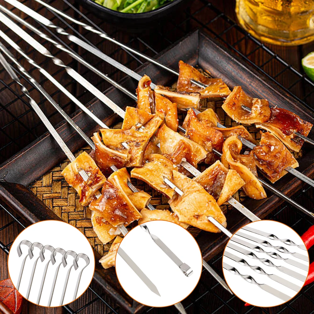 

Wide BBQ Sticks Stainless Steel Barbecue Skewer BBQ Utensil Outdoor Camping Picnic Flat BBQ Fork 6Pcs Reusable Grill Sticks