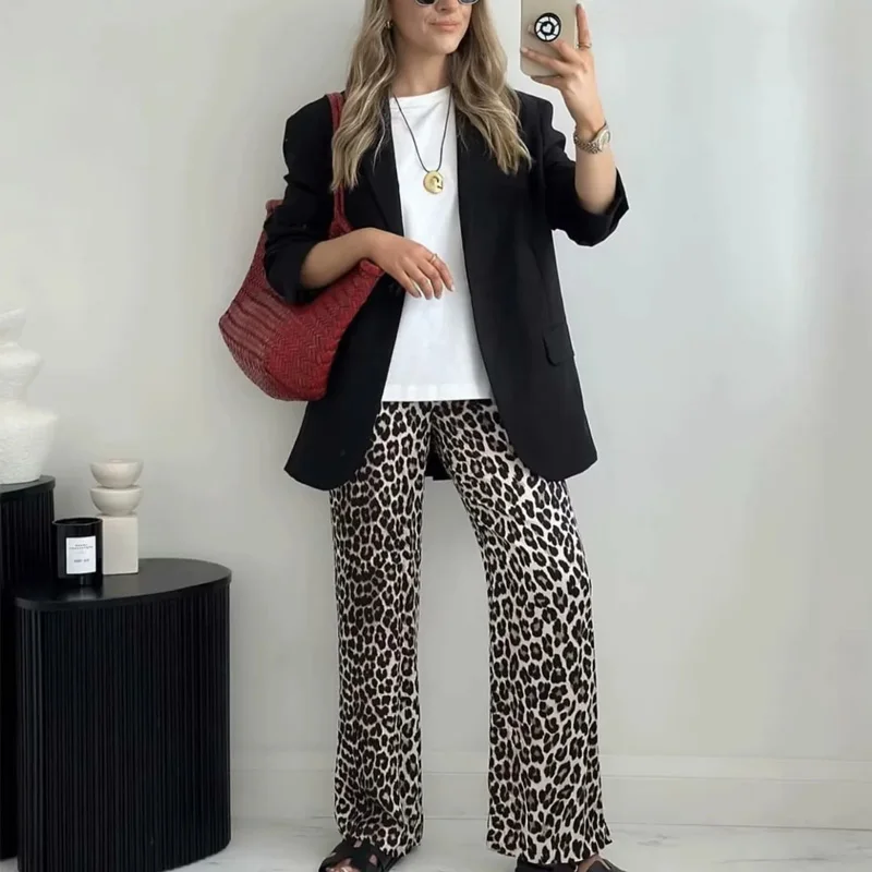 TRAF Vintage Leopard Pants Women High Waist Animal Print Baggy Pants Woman Streetwear Summer Wide Pants Retro Women\'s Trousers