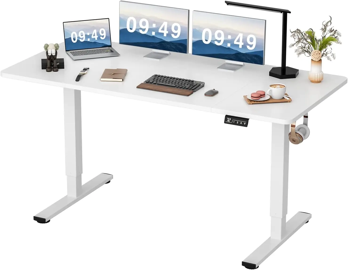 Height adjustable, 63 x 24 inch upright desk, home office computer desk, T-shaped metal bracket, white