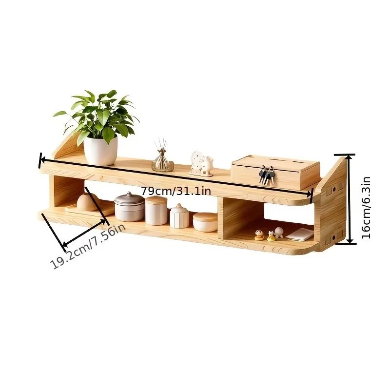 80cm Real Wood Wall Shelf Floating TV Console Display Ledge DVD Storage Rack Bluetooth Speaker Stand Mount For Living Room Decor