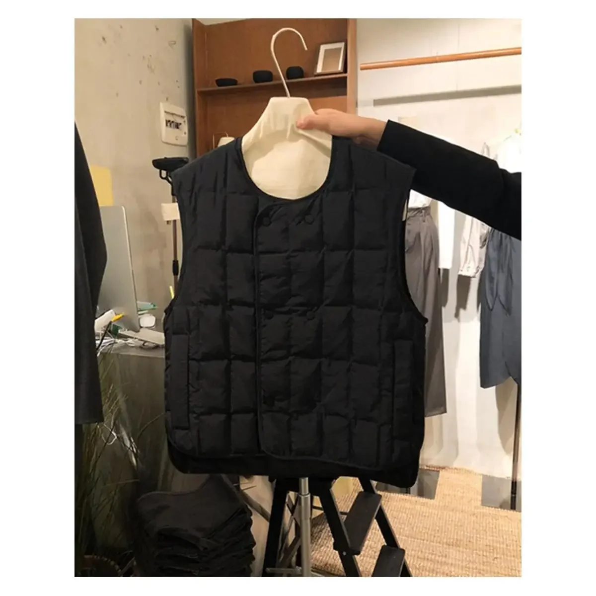 Gilet en coton matelassé pour femme, veste en émail à double boutonnage, parkas noires rétro minces, gilet en duvet Argyle, automne, 2023