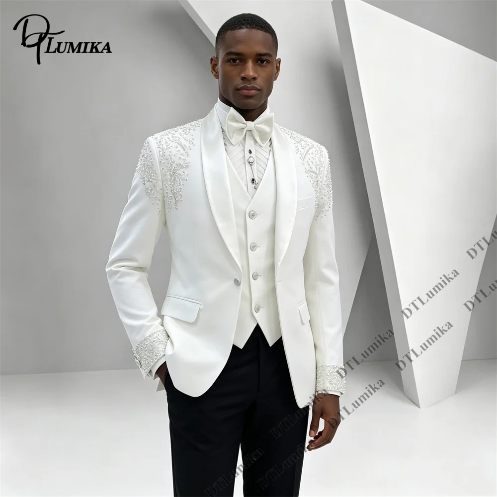 Men's 3 Piece White Black Beaded Suit Crystal Embellished Blazer Vest Pants Shawl Lapel Groom Wedding Tuxedo Prom Formal Dinner