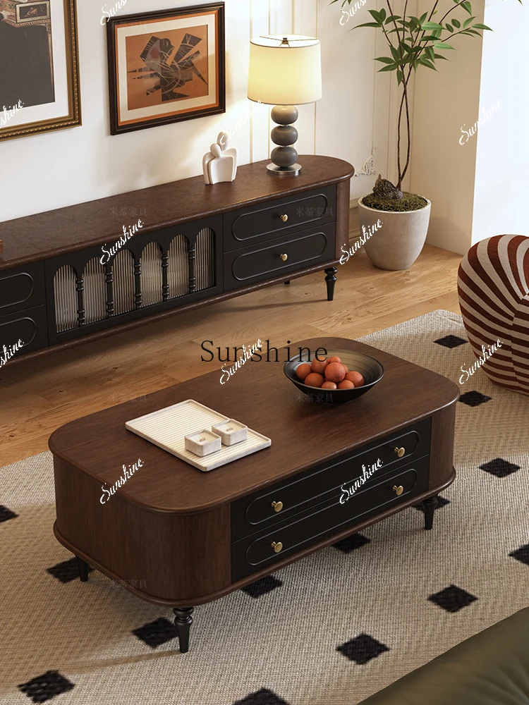 French solid wood coffee table living room retro storage small apartment household oval   TF