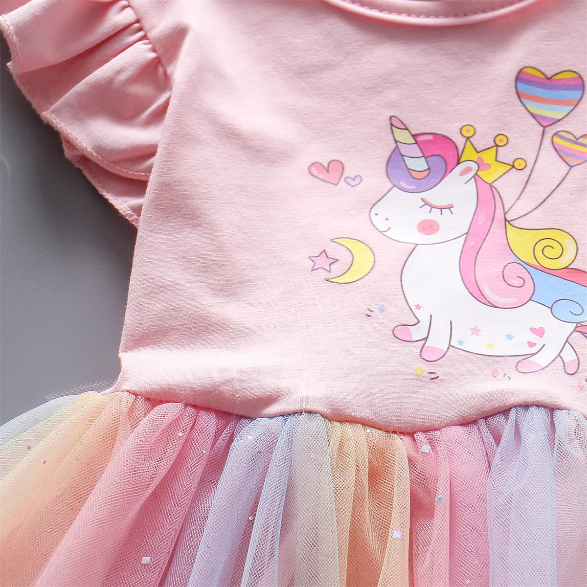 Girl\'s dress summer dress baby girl children\'s trendy cartoon rainbow pony mesh short sleeved princess dress